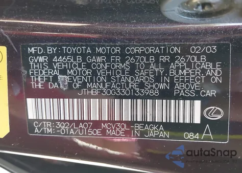 2003 Lexus Es 300 z USA, uszkodzony, nr VIN JTHBF30G330133988
